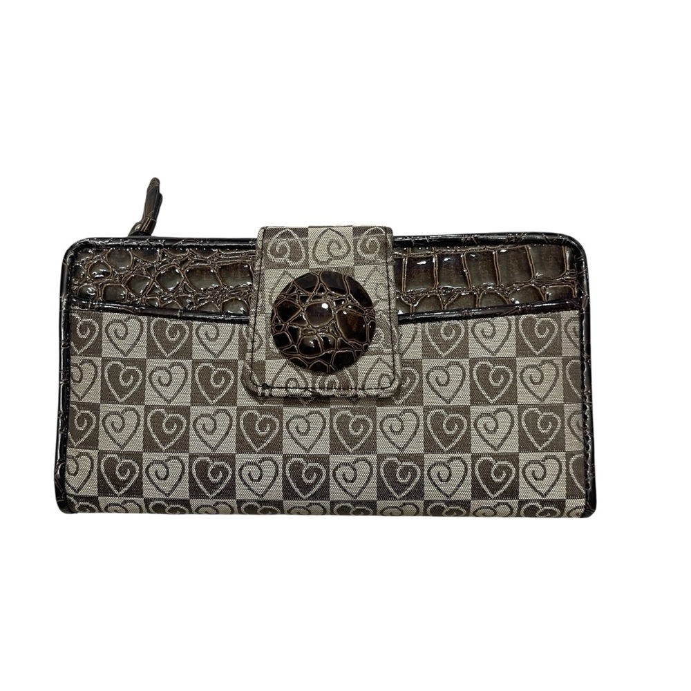 Y2K 2000’s Long Checkbook Zip Snap Wallet Brown Checker Heart Print Faux Croc